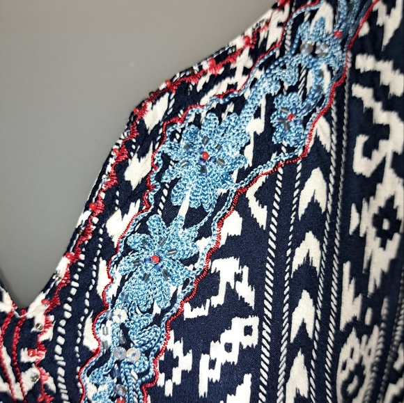 Women's Blouse Shirt Top Tank Sleeveless Krista Lee Print Embroidery Boho Rayon - Picture 3 of 13